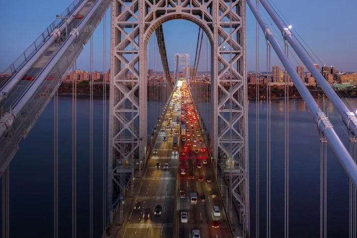 Aerial view of the evening rush hour traffic on George Washington Bridge, as viewed from New Jersey