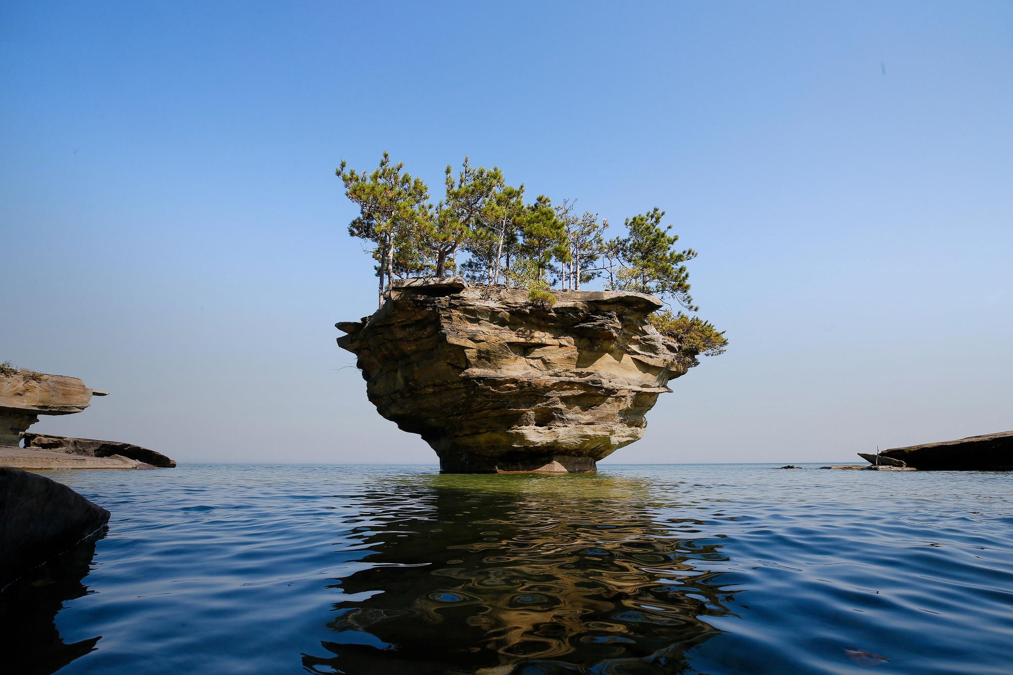 Turnip rock, a geological rock formation stands in Lake Huron near Port Austin, Michigan