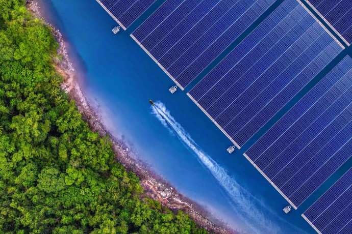 Solar farm floating on the surface of a lake in thailand.