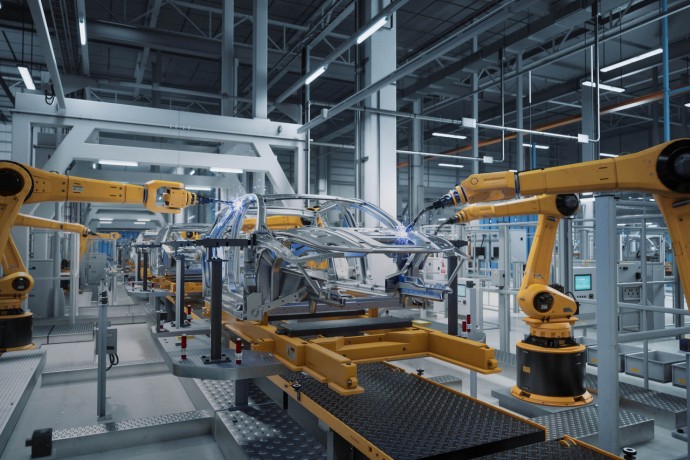 Automated robot arm manufacturing electric vehicles