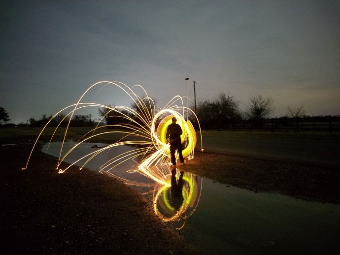 A long exposure photo taken at night with light painting