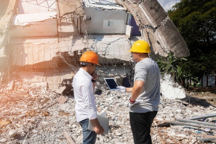 Demolition control supervisor and foreman discussing demolishing a building