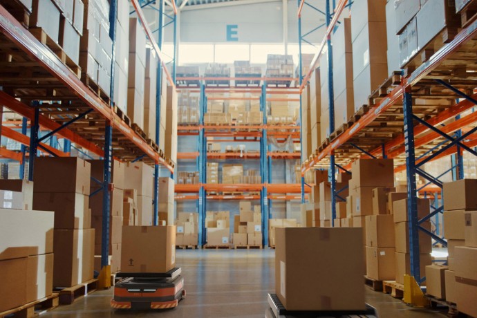 Automated Retail Warehouse AGV Robots with Infographics Delivering Cardboard Boxes