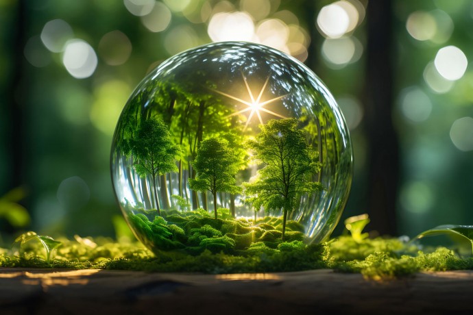 Glass globe in green forest with the icon environment of ESG