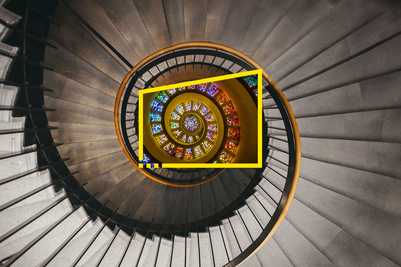 reframe your future spiral stairs stained glass ceiling static