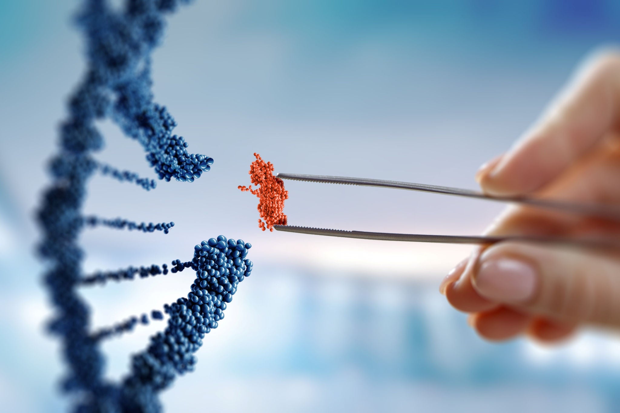 Pinzette entfernt ein Segment aus einer DNA‑Doppelhelix, Symbol für gezielte Genmodifikation und Biotechnologie.