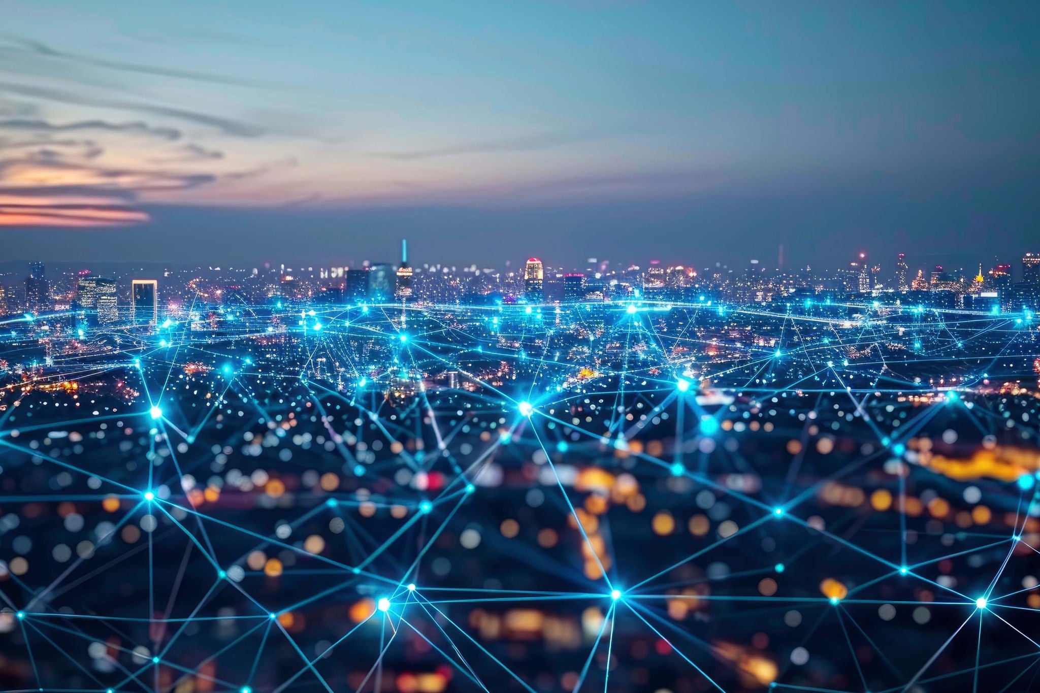 Vista aérea de una ciudad conectada digitalmente