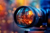 Close-up of a camera lens reflecting a sunset cityscape