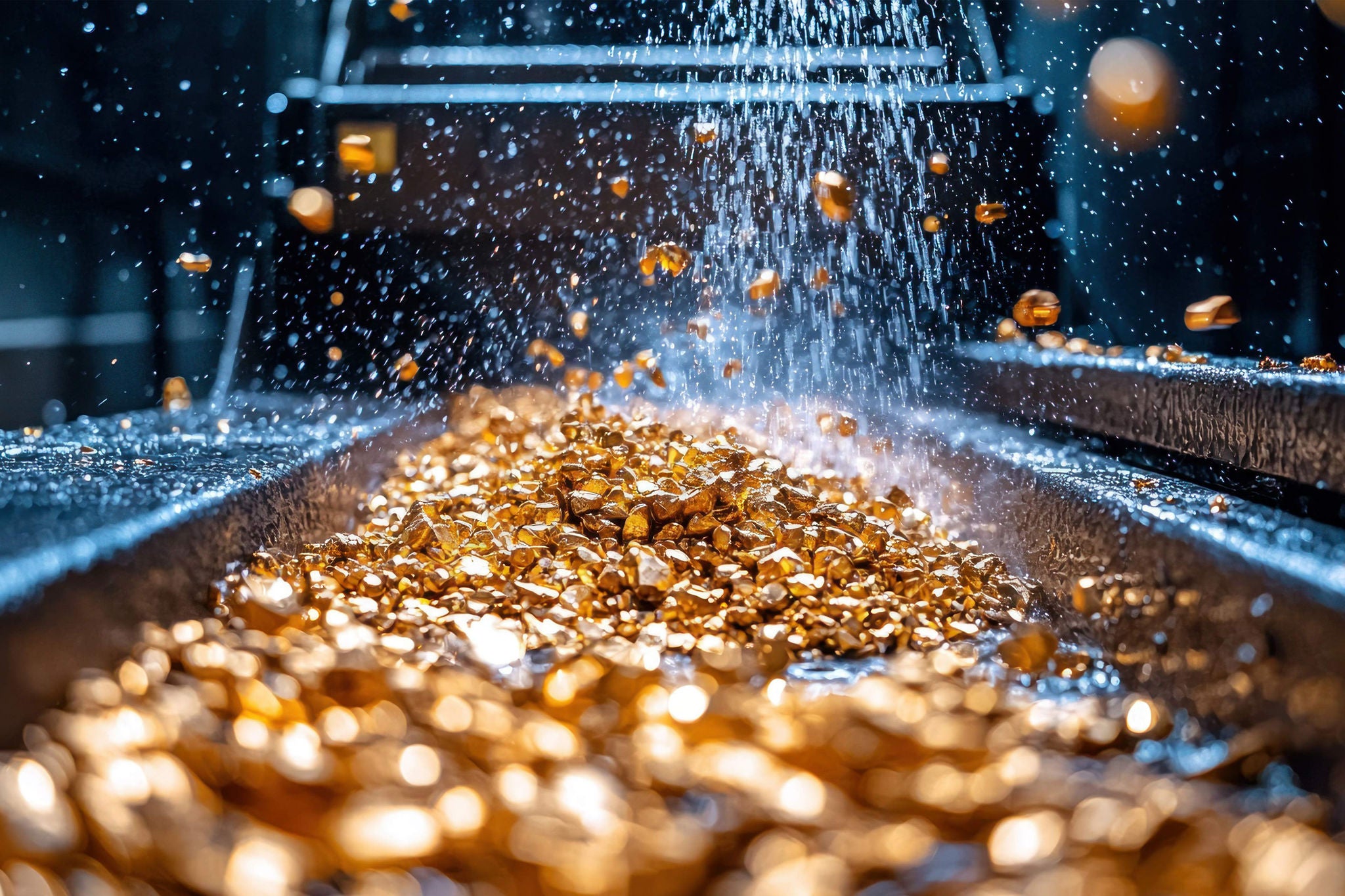 Gold nuggets being washed and processed in a mining facility