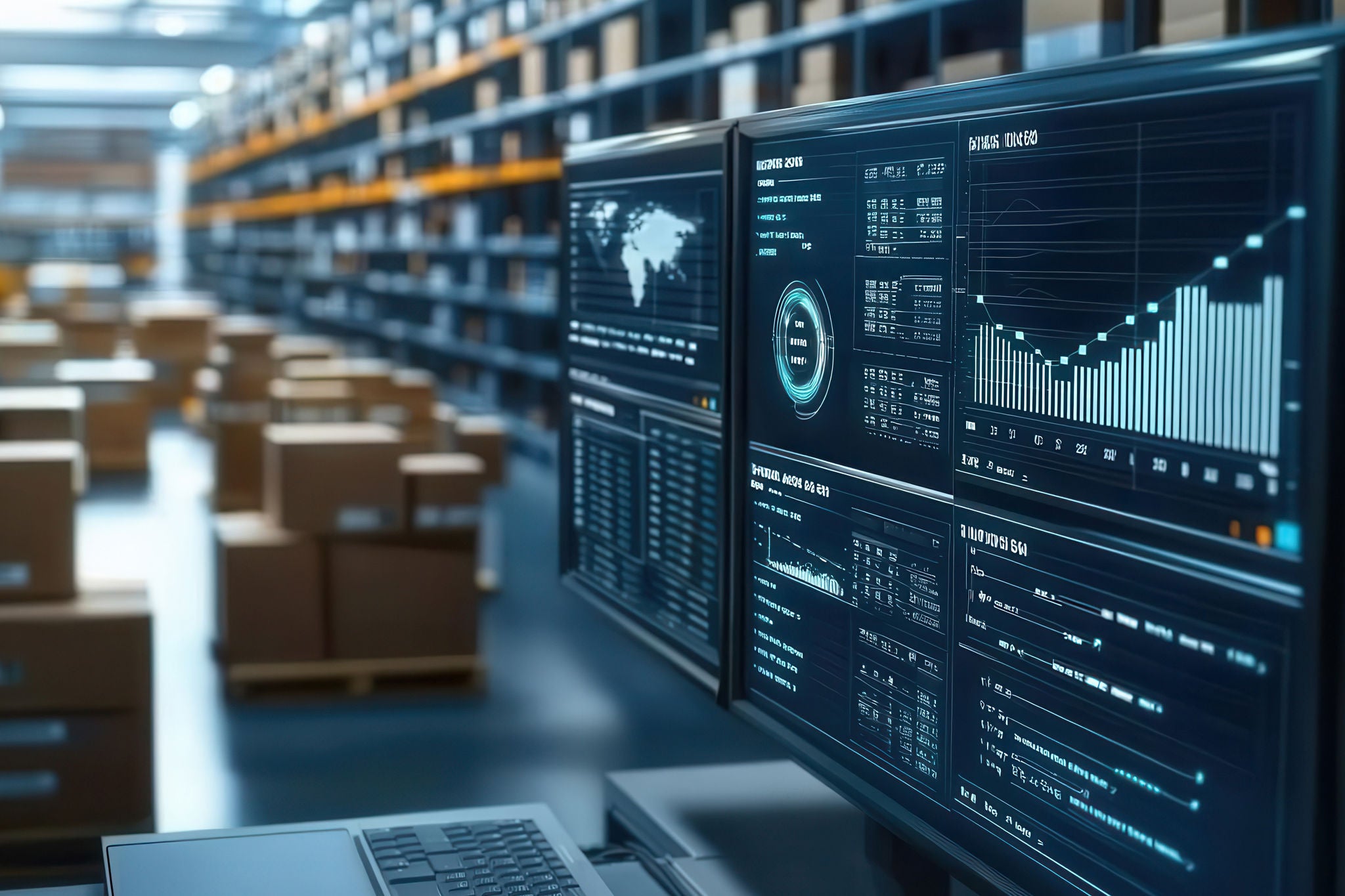 Monitore zeigen Daten und Diagramme in einem Lager voller Kartons.