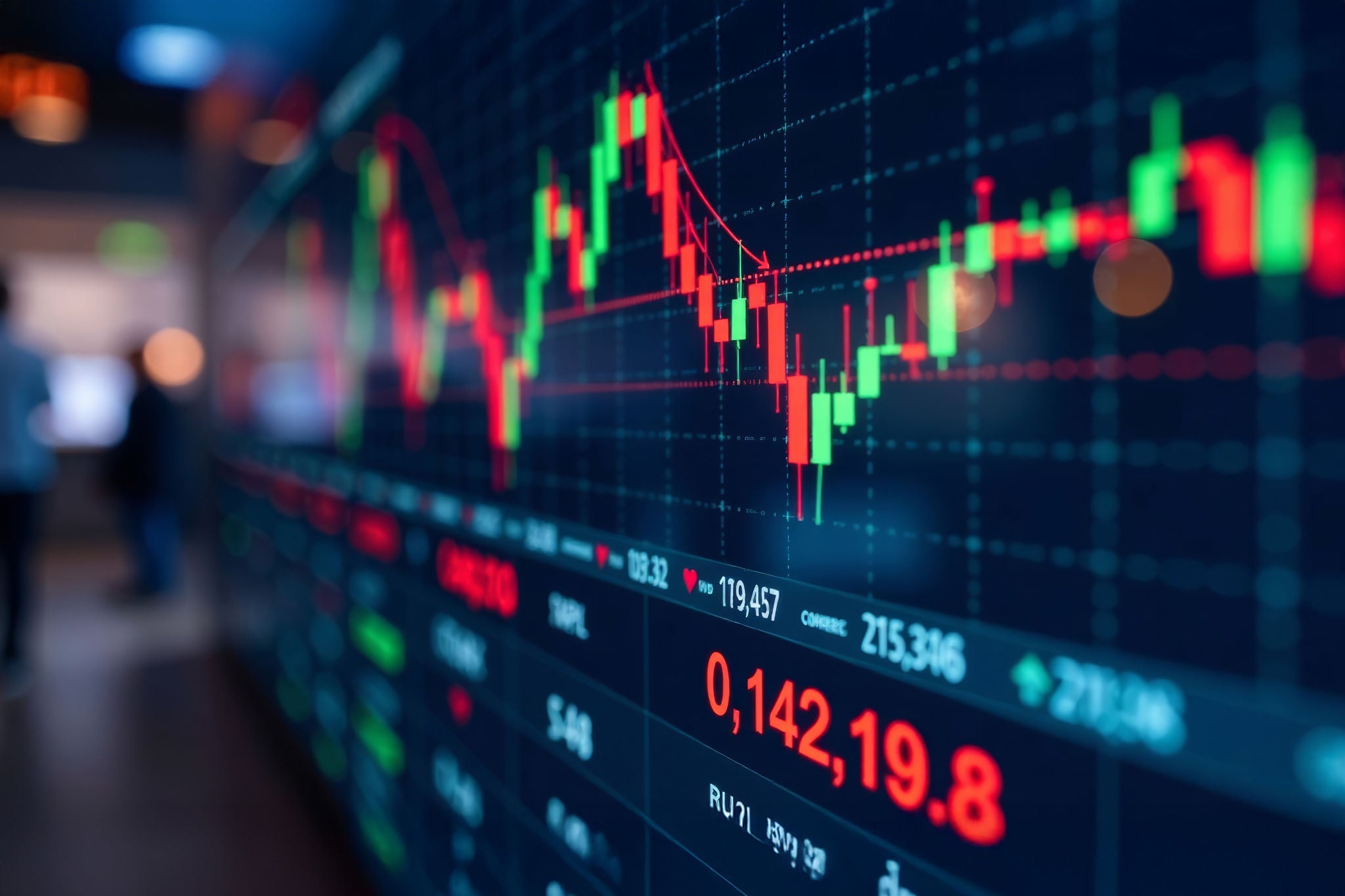 Close-up of a stock market chart displaying financial data and trading trends.