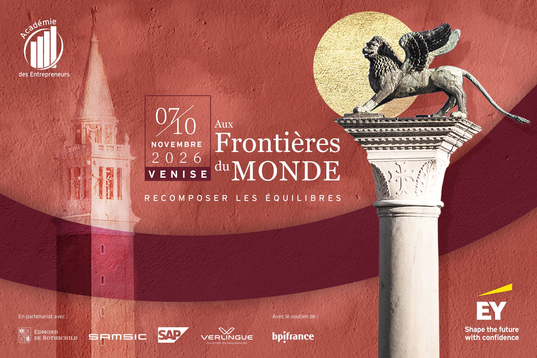 Colonne de Venise avec lion ailé et affiche Aux Frontieres du Monde