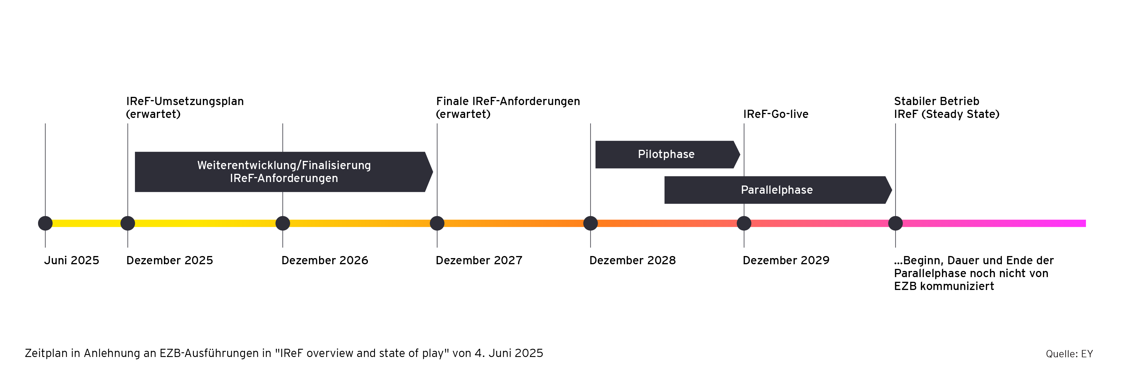 Umsetzungsphase ab 2025 mit Pilotphase 2029, Go-live Ende-2029 und anschließendem stabilen Betrieb.