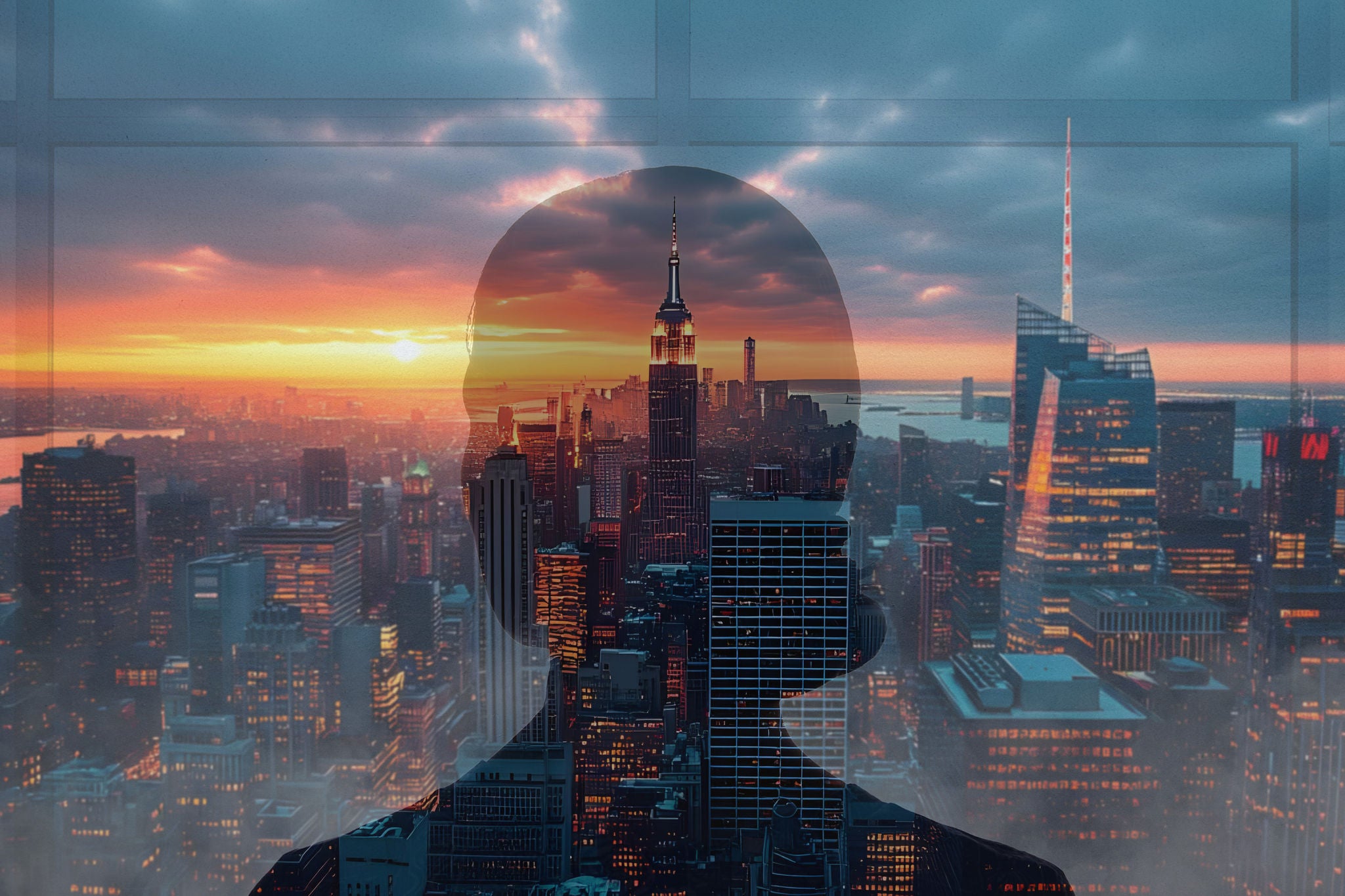 Eine Silhouette verschmilzt mit einer leuchtenden Skyline bei Sonnenuntergang und erzeugt ein modernes Stadtmotiv.