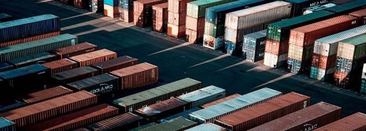 Aerial view of port with containers