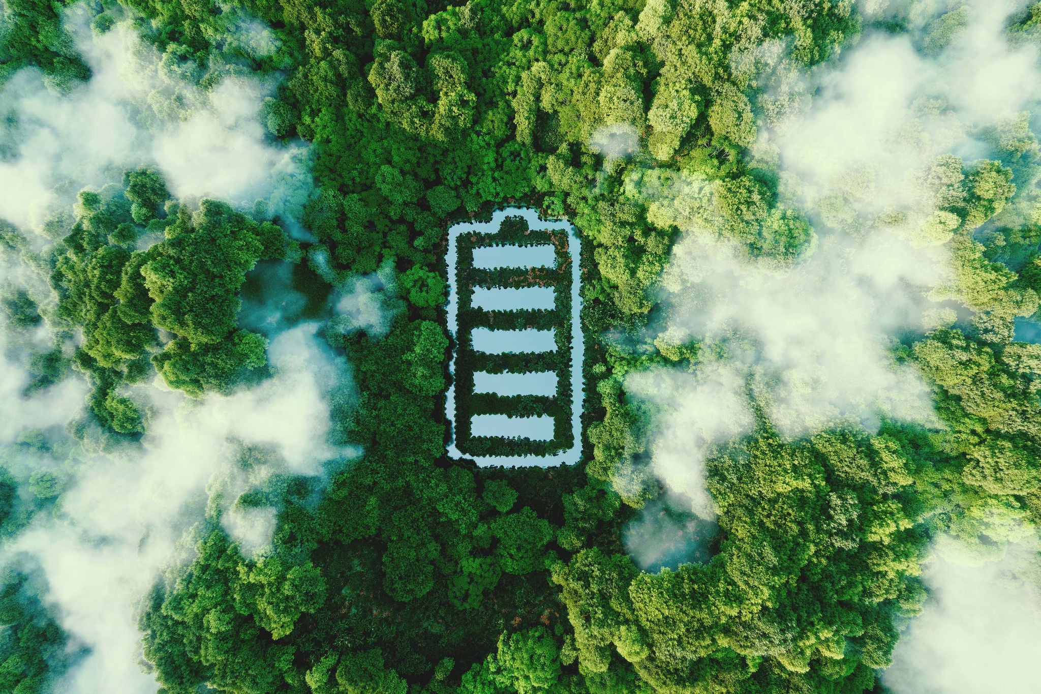 Símbolo de uma bateria no meio das árvores