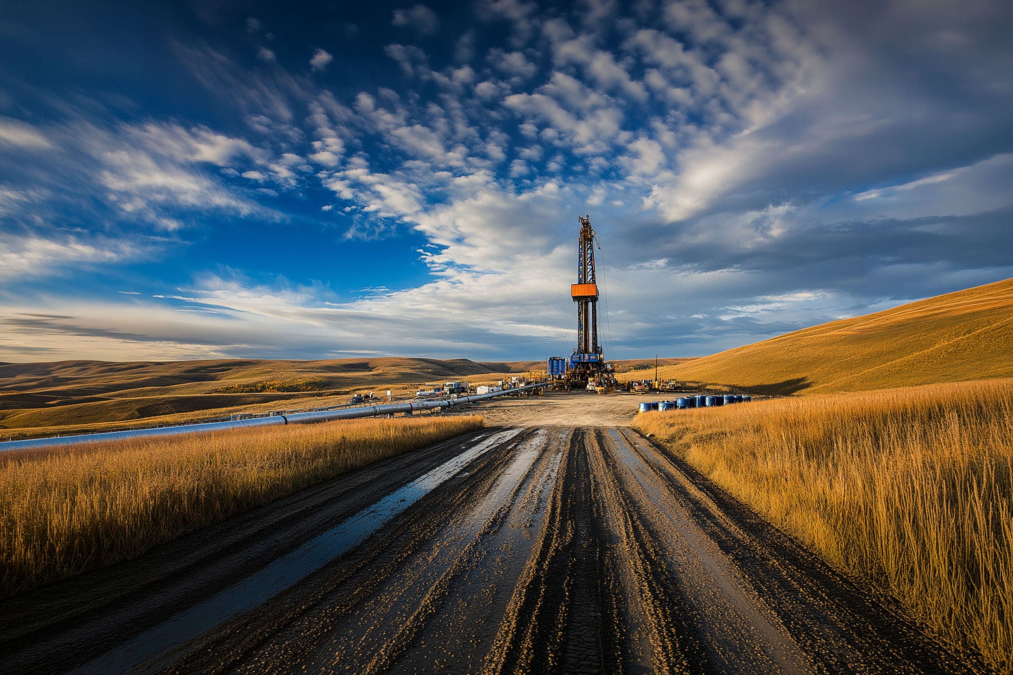 A drilling rig in action on a remote oil field, with heavy machinery and pipelines spread out across the landscape.