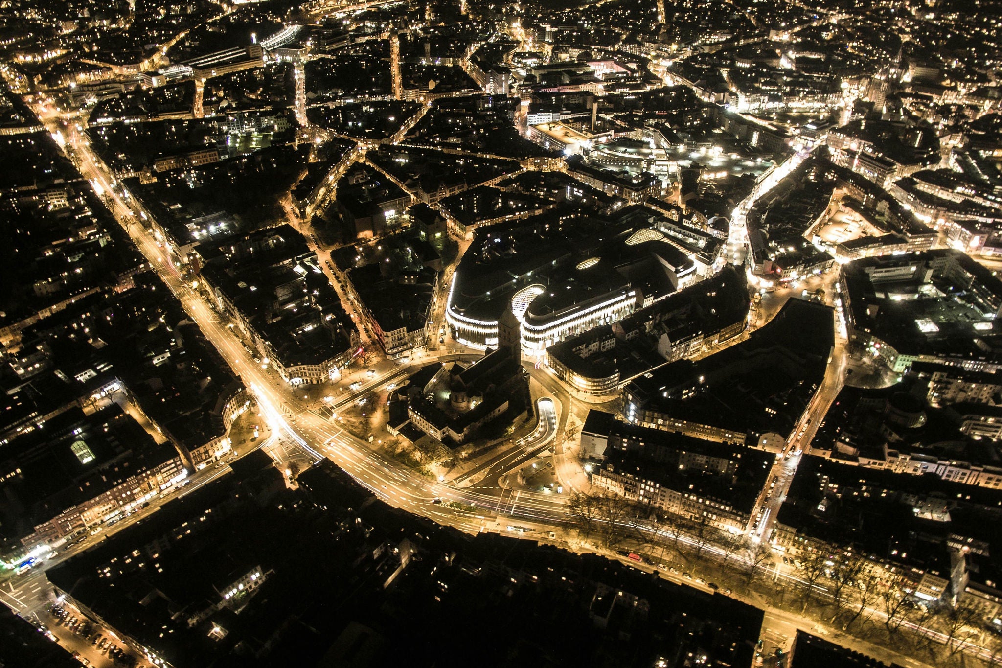 Aerial View Illuminated City Night