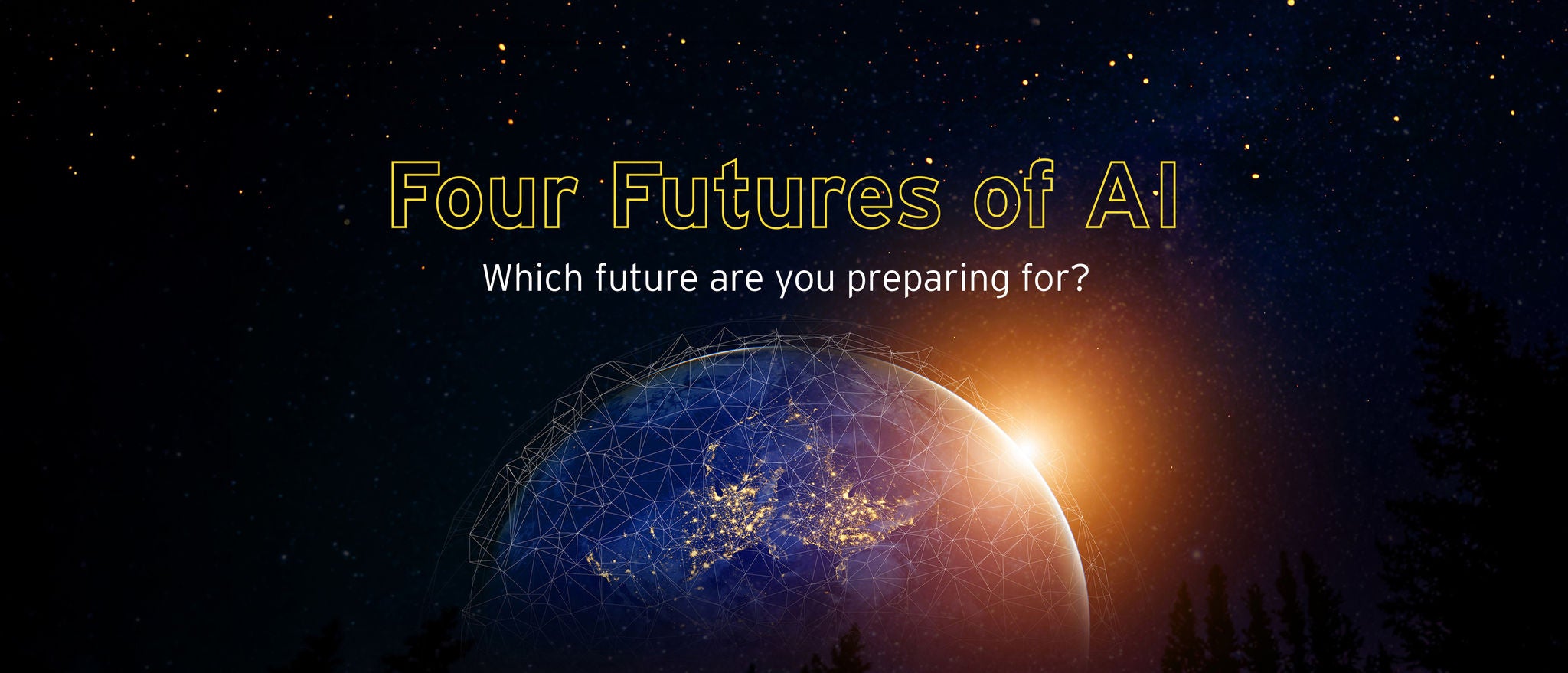 Illustrasjon av jorden med digitalt nettverk og teksten «Four Futures of AI».