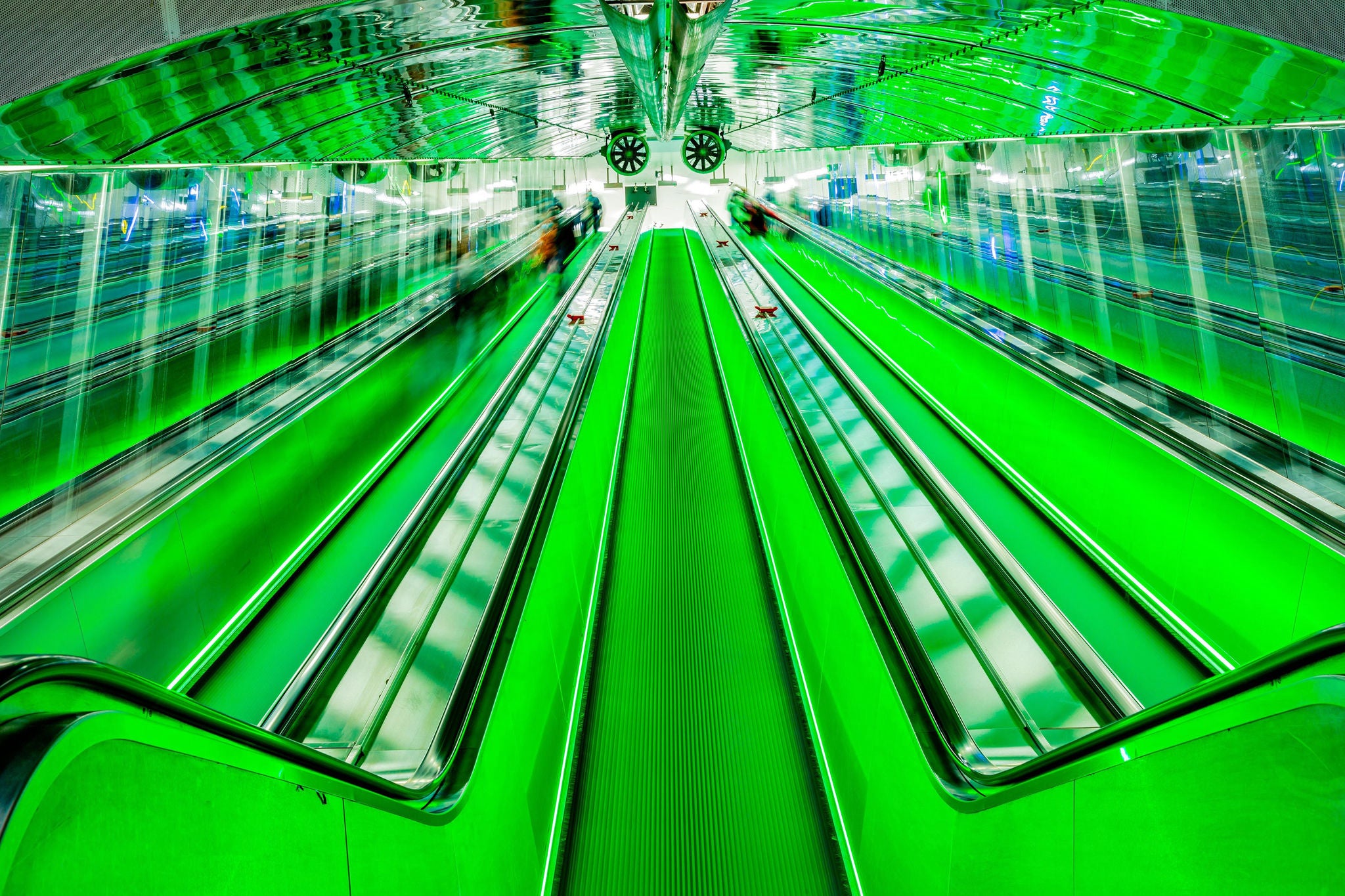 This image shows long exposure Blurred motion of moving walkway. The image is taken in helsinki finland.