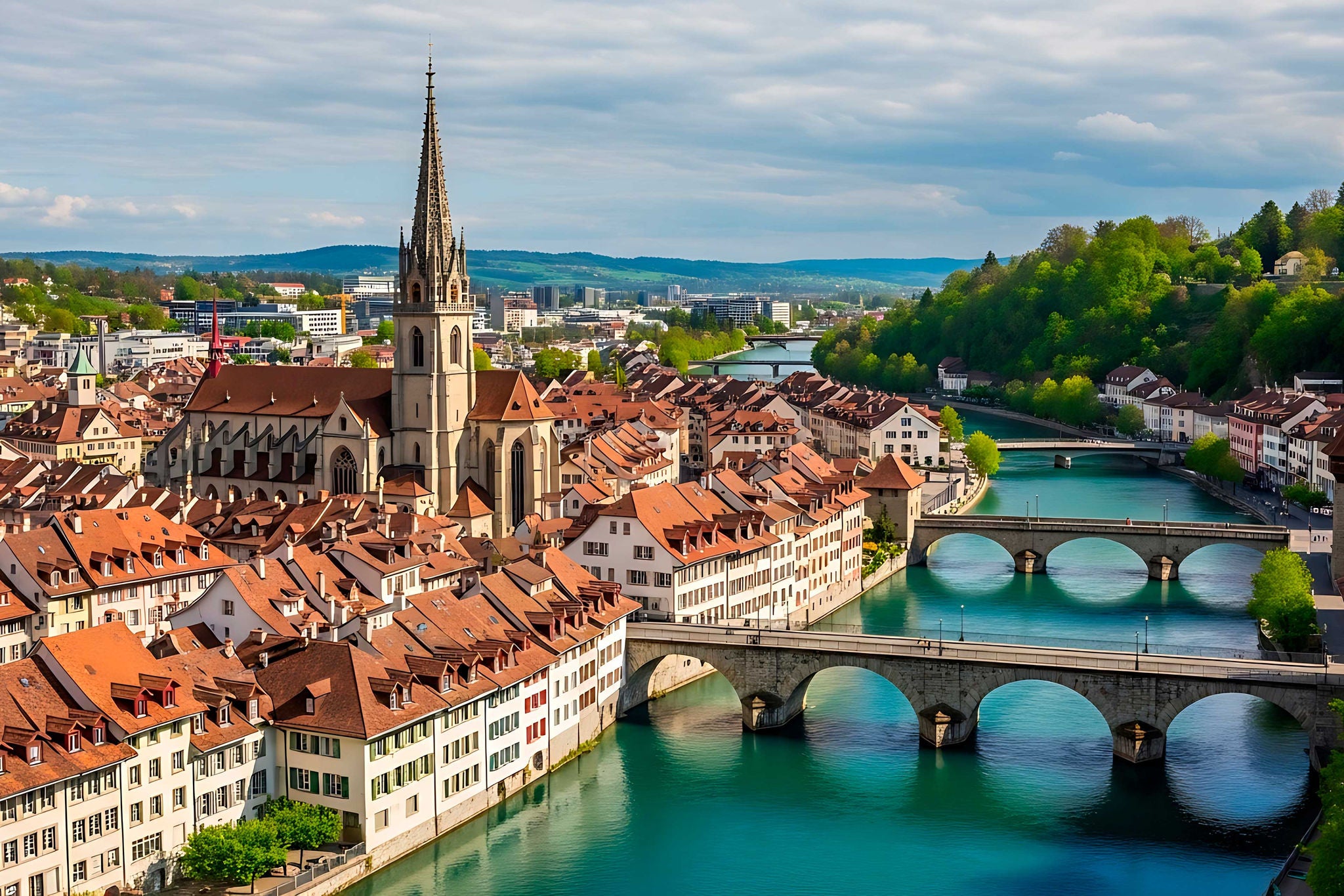 Bern, Switzerland - A picturesque view of the old city and Aare river.