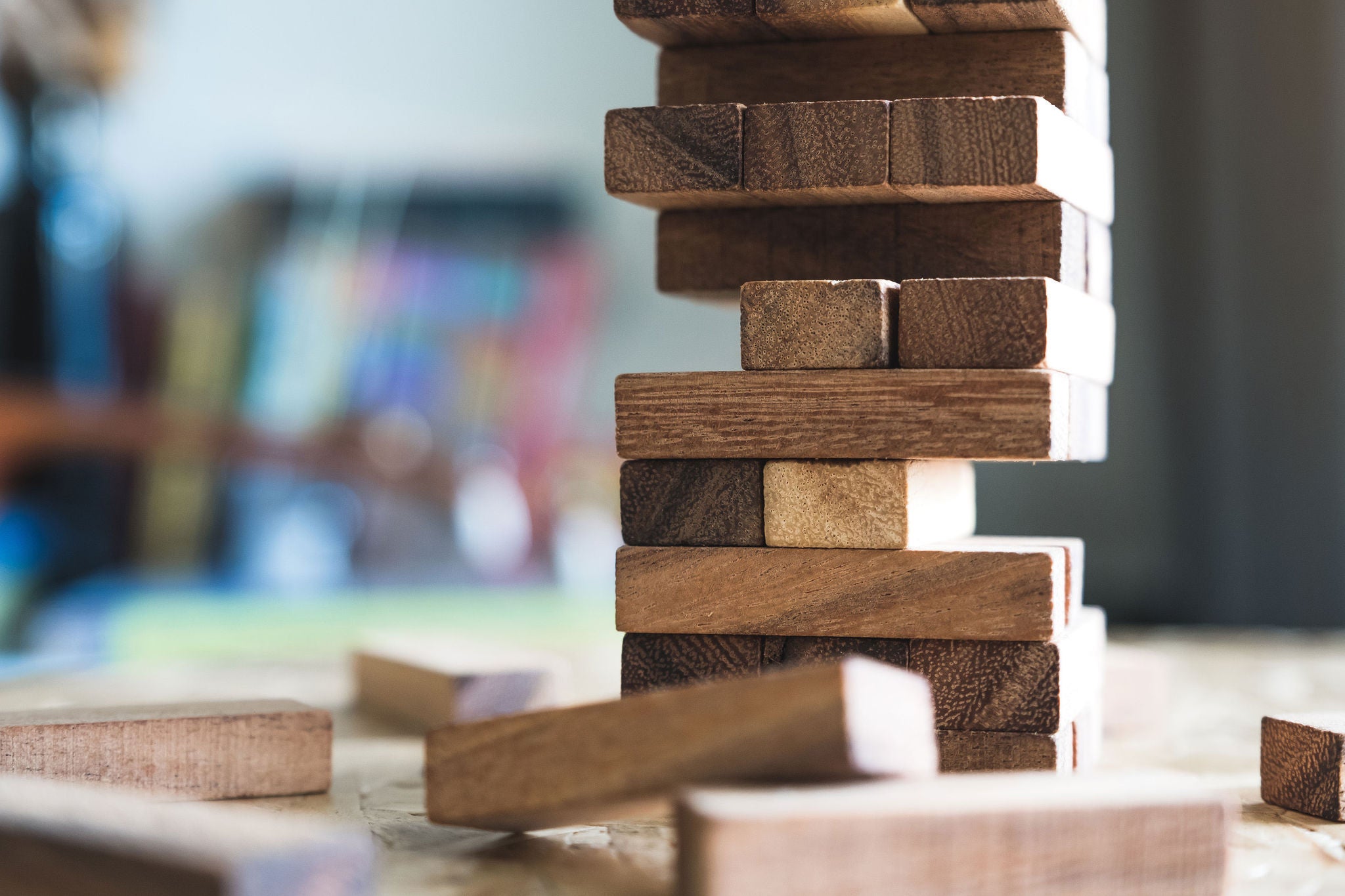 Closeup image of a Jenga or Tumble tower wooden block game