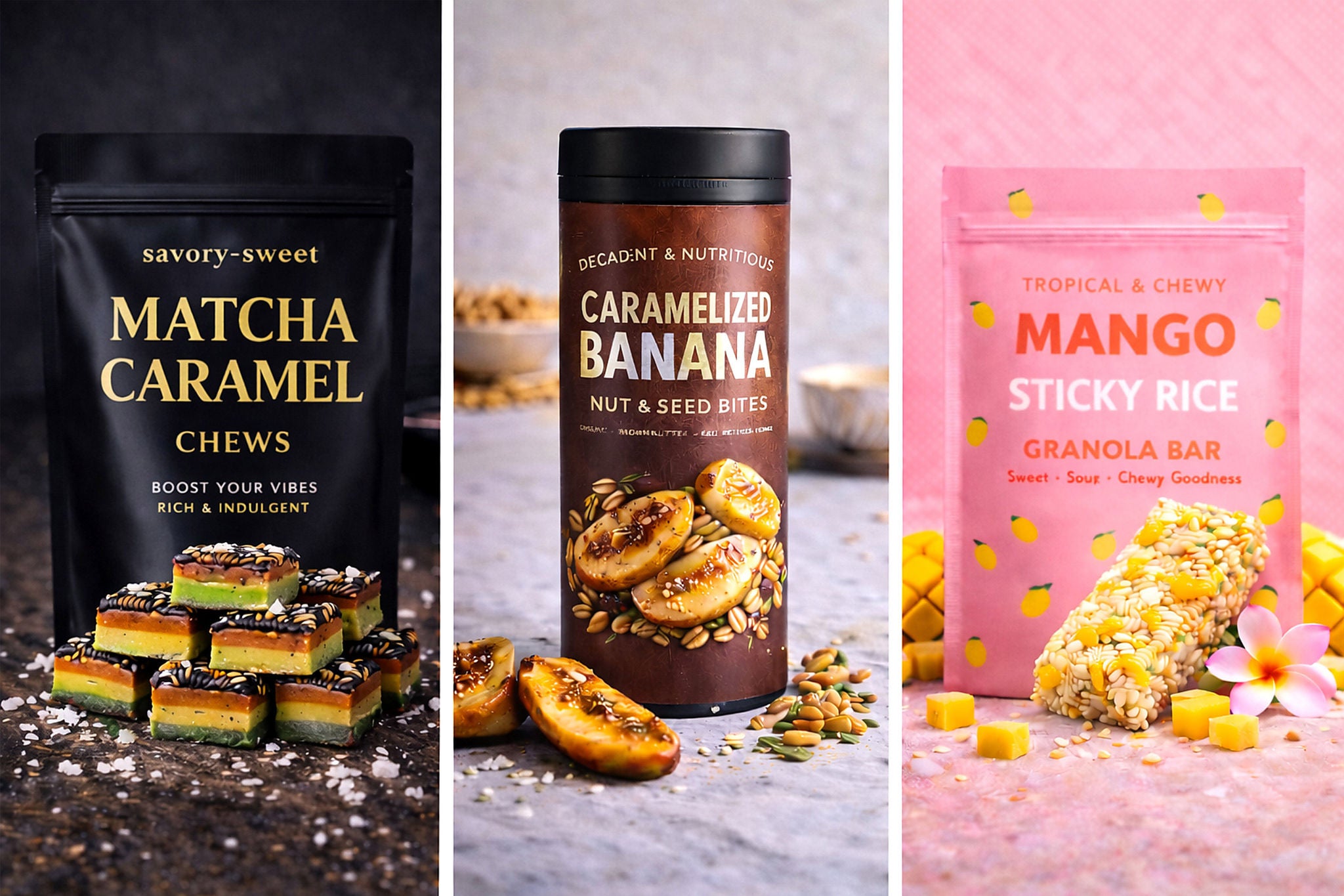 Packaged snacks featuring matcha caramel chews, caramelized banana bites, and mango bars.