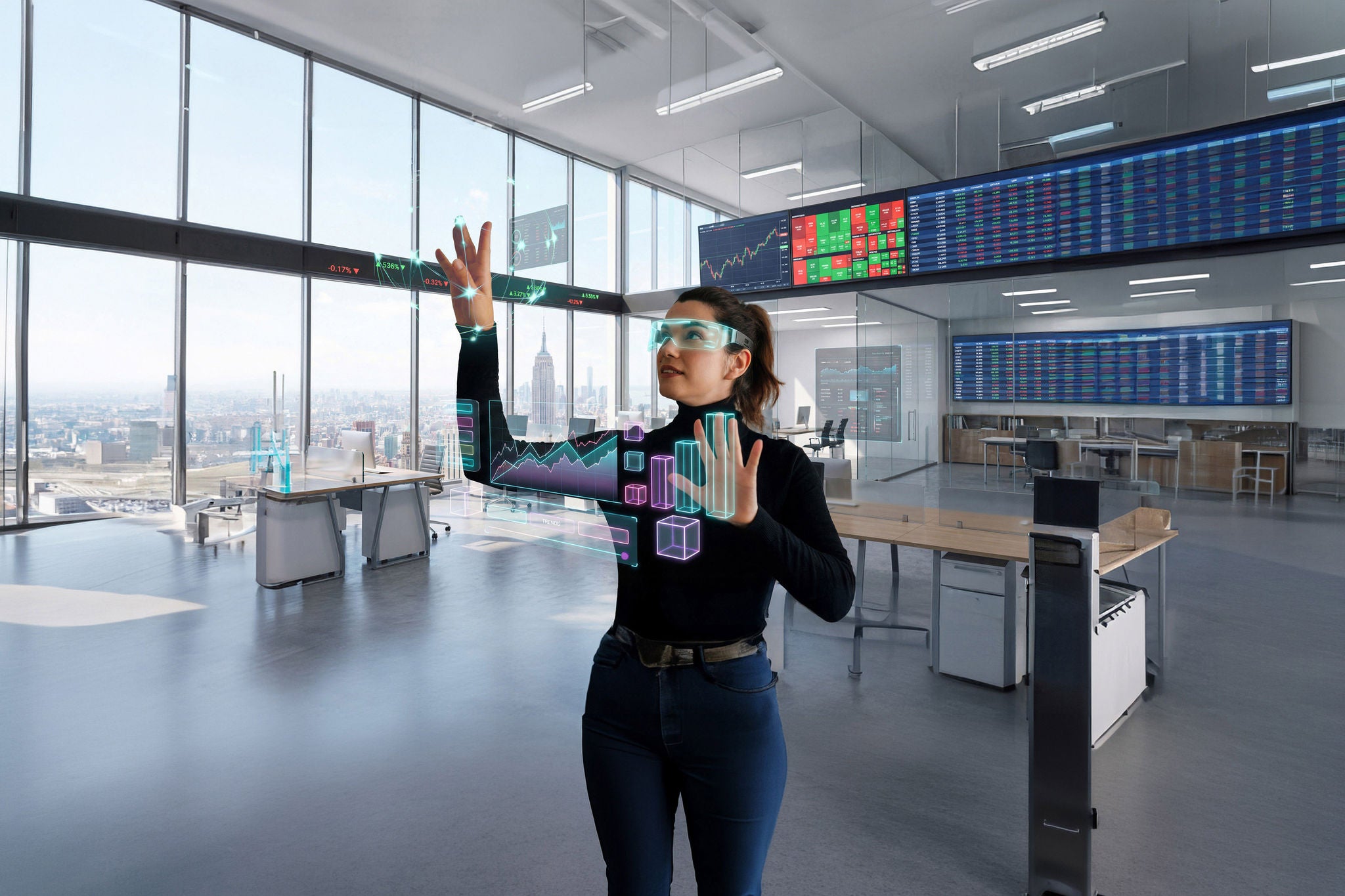 Holographic Data Analyst Interacting With Futuristic Market Visualizations in Modern Office