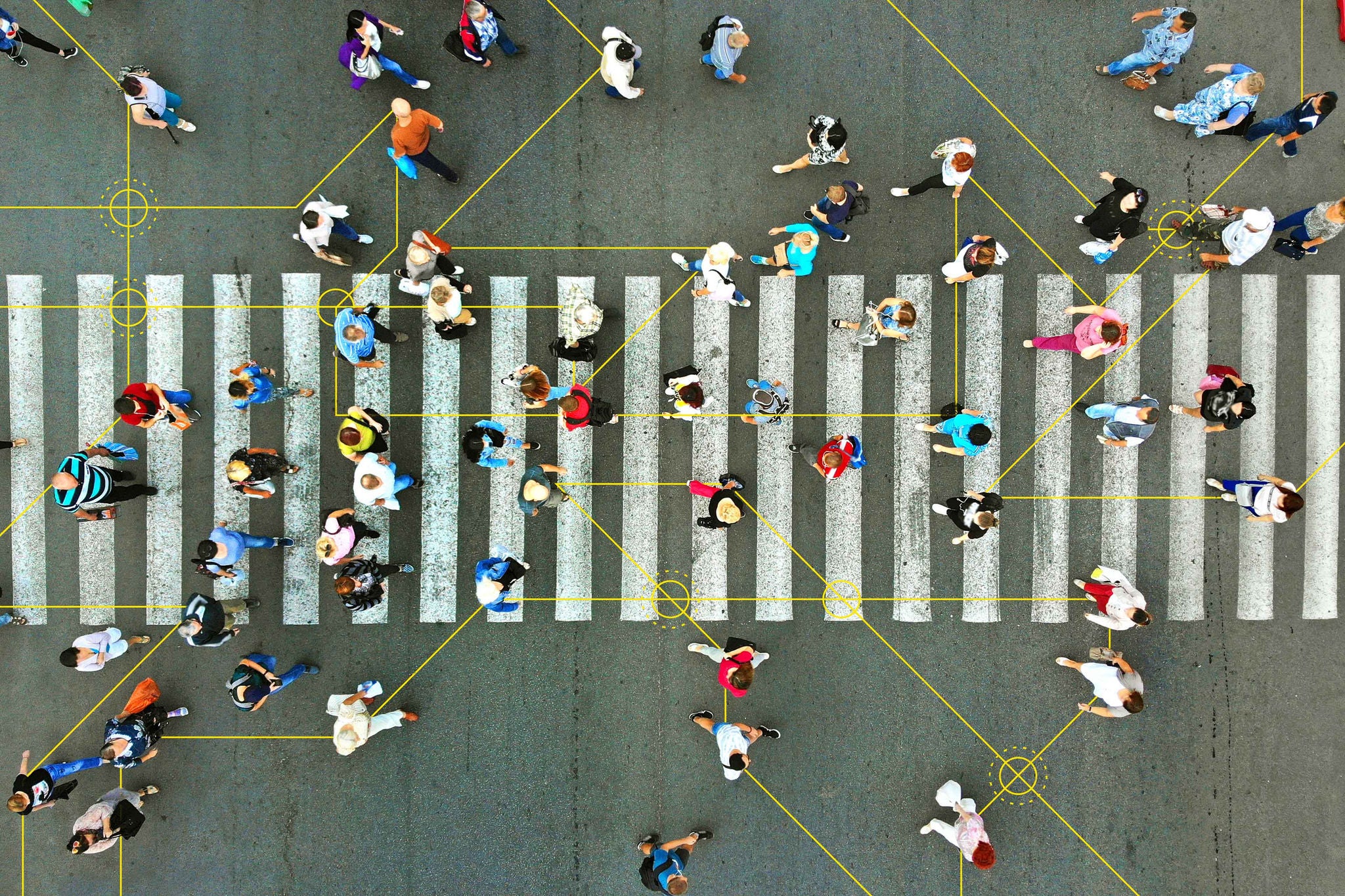 Pedestrian crossing top view. Crosswalk aerial from drone.