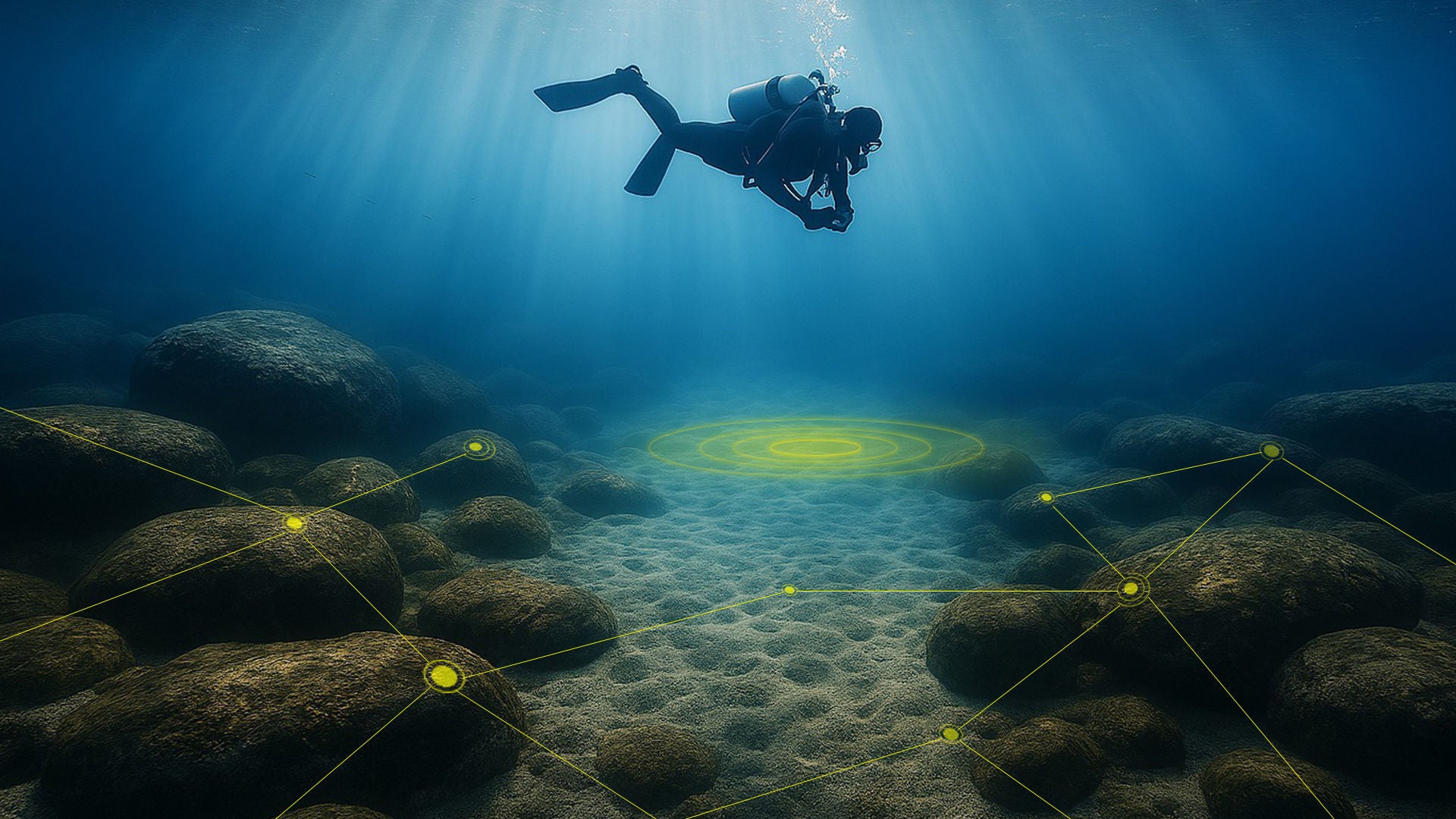 Taucher über digital vernetztem Unterwasser-Sensornetz zur Überwachung und Ortung.