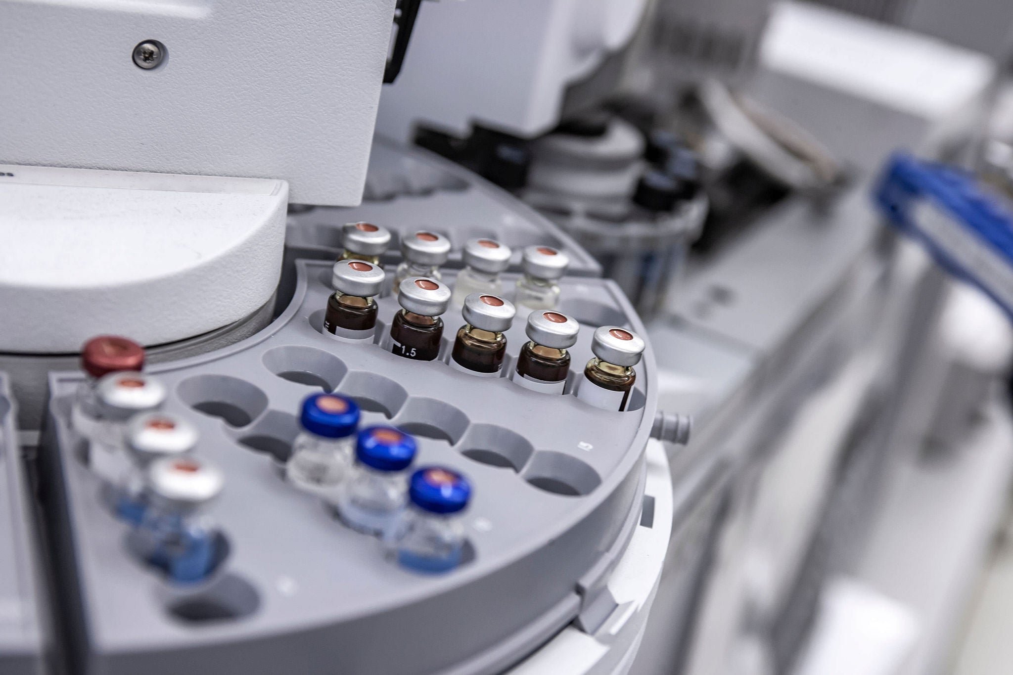 high angle view of vials in centrifuge at process lab