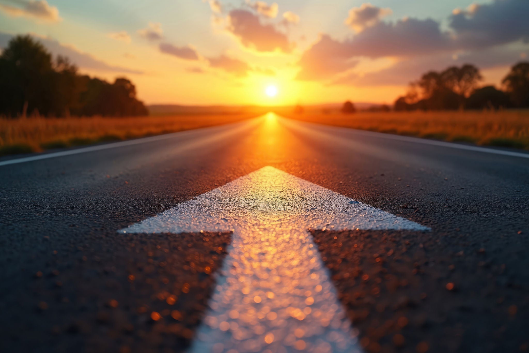 An asphalt road with a white arrow points toward a bright sunset. 