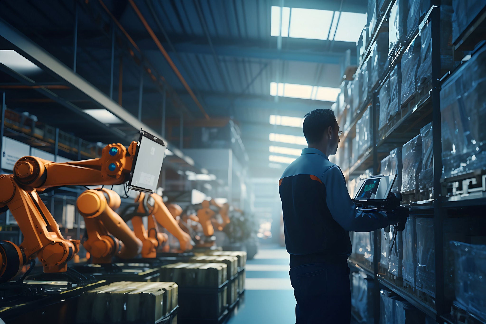 ey engineer check and control automation robot arms machine in modern warehouse