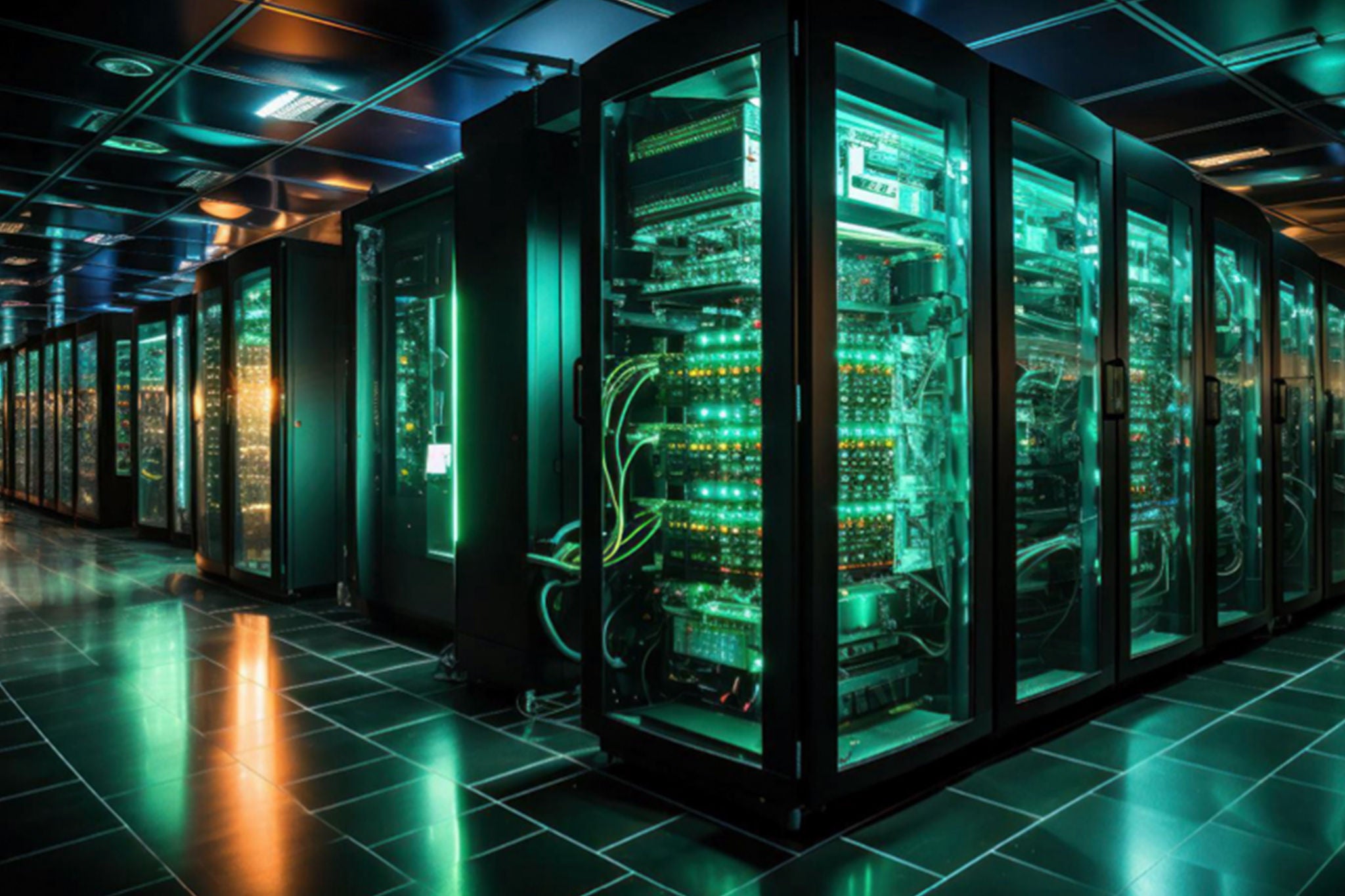 Rows of illuminated server racks in a data center