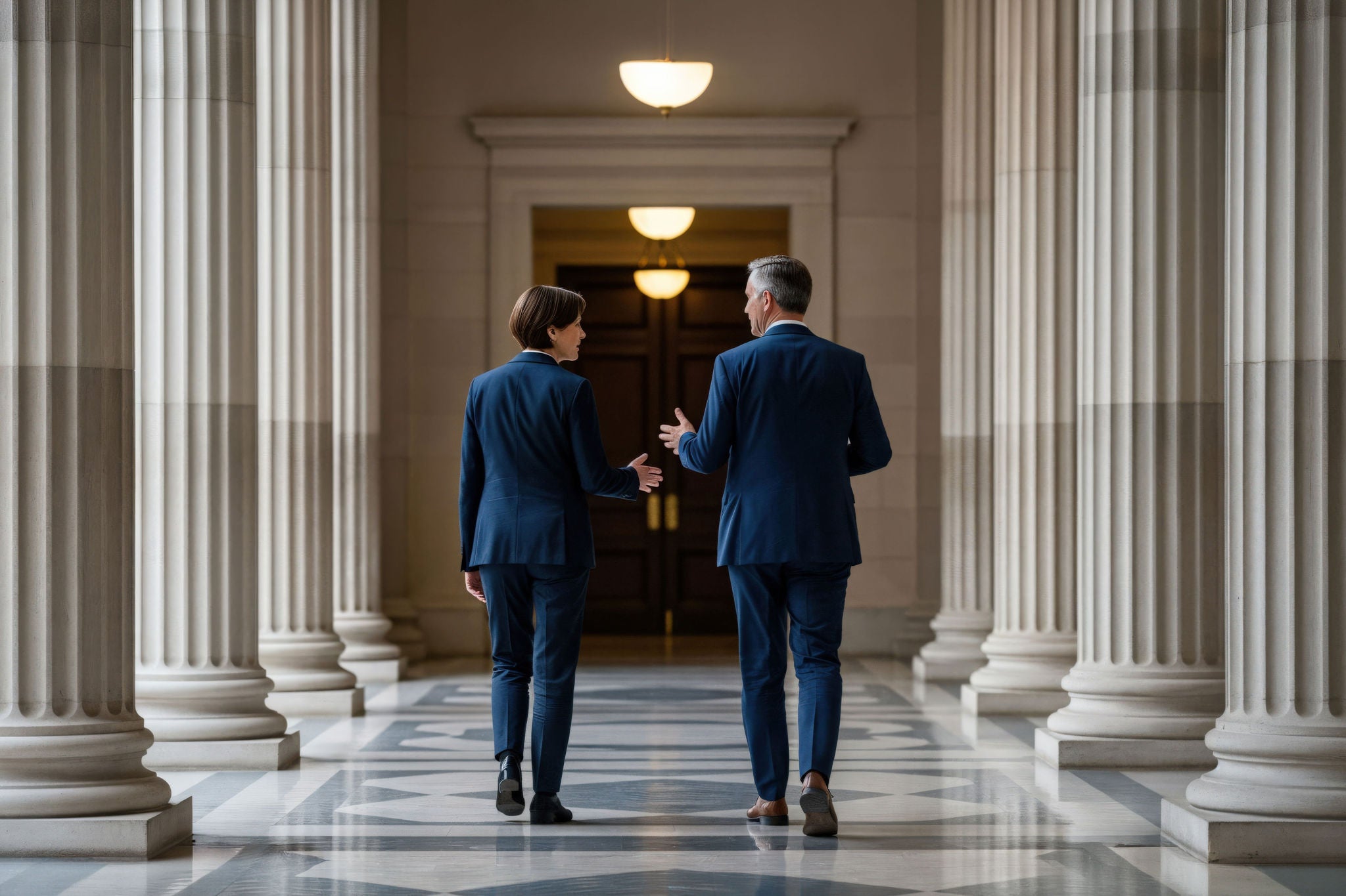 Two Business Professionals Walking Together in a Hallway of a Government Building 