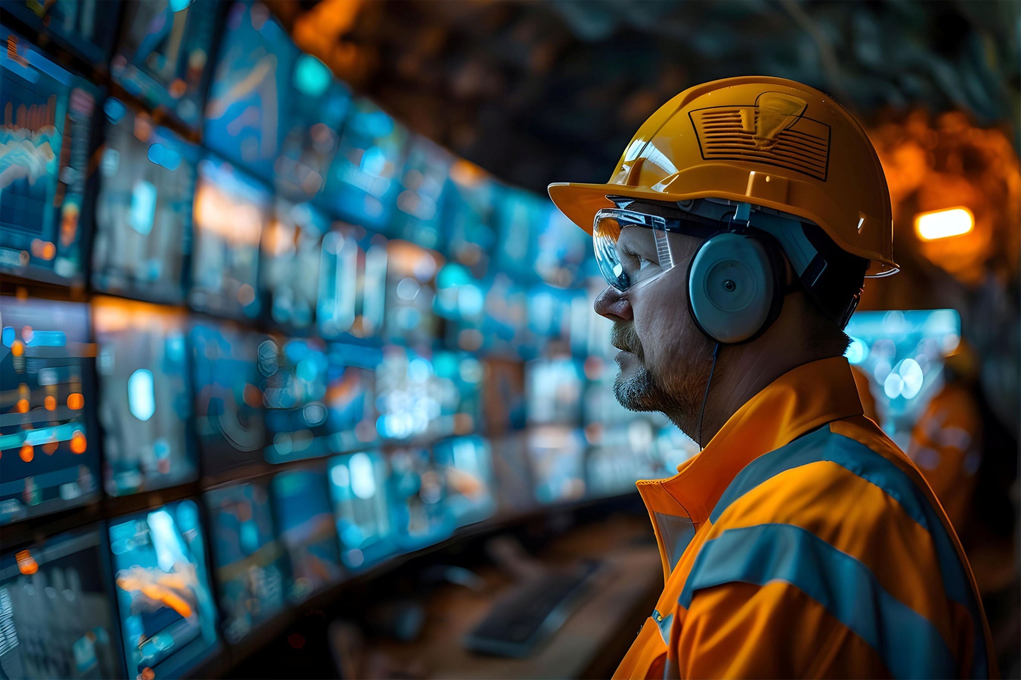 Worker in safety gear monitoring multiple digital screens inside an industrial operations control room