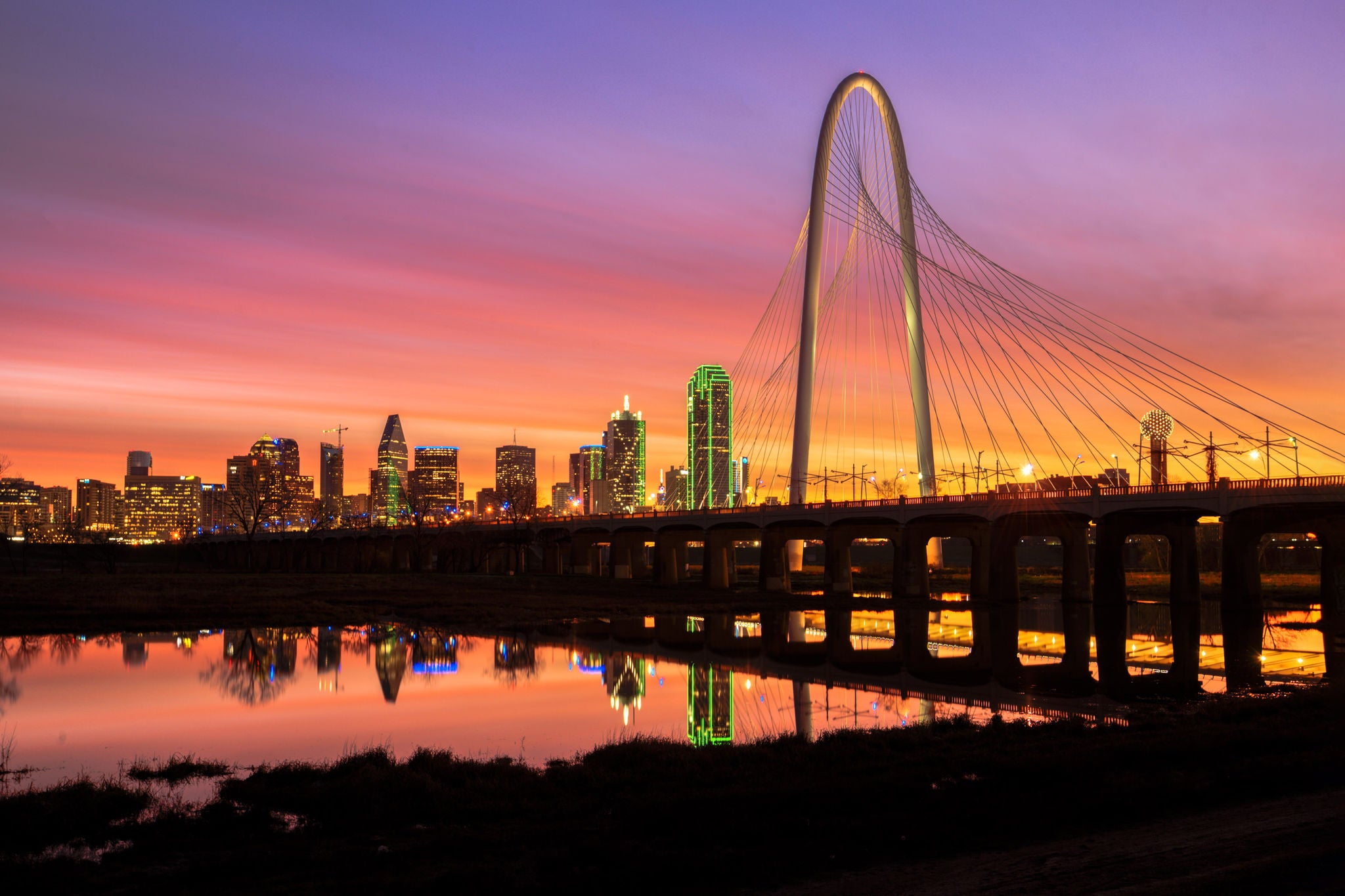 Dallas Skyline - Sunrise with Margaret Hunt Hill Bridge - Dallas, Texas, Texas