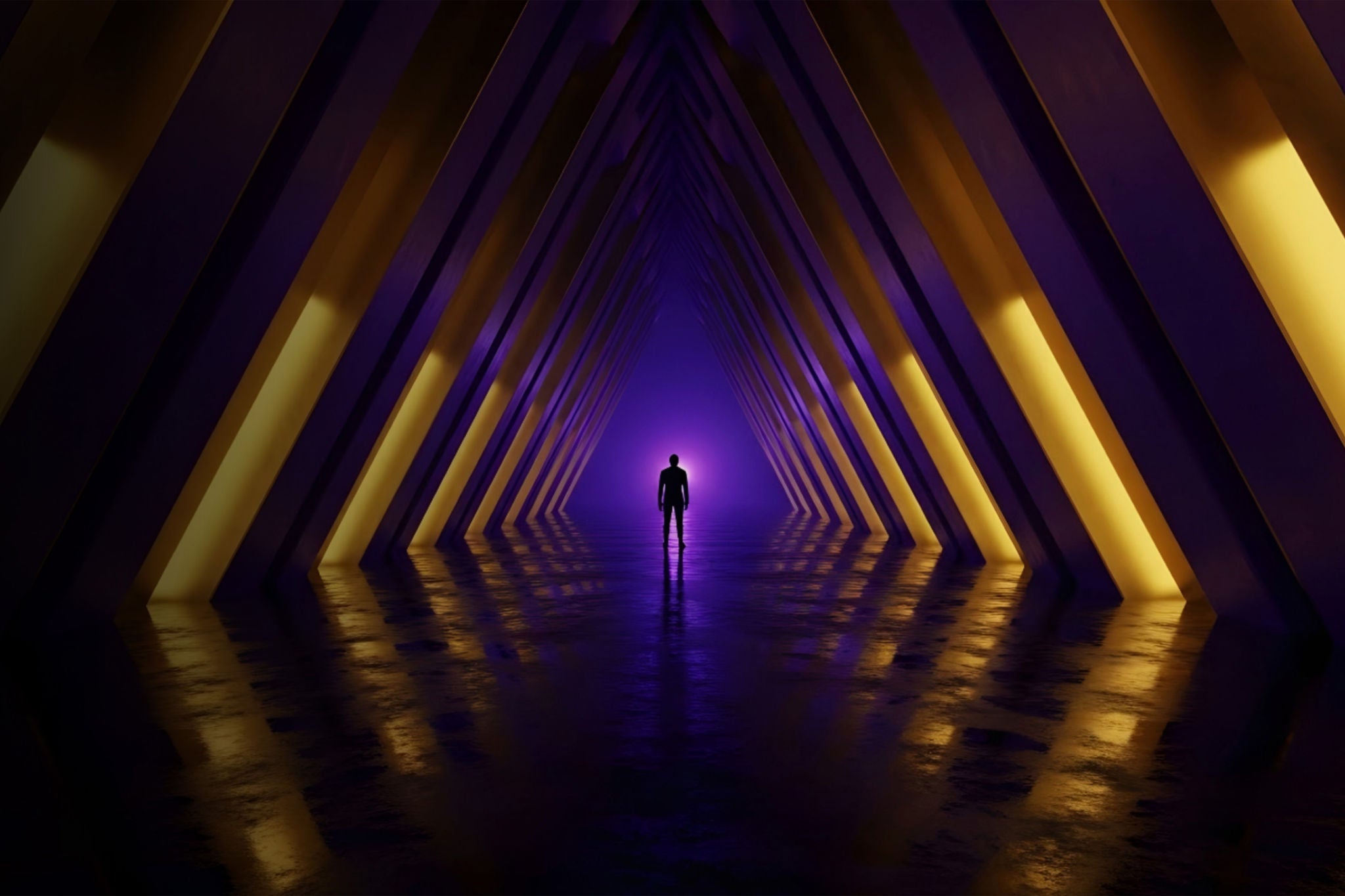 Man in a purple tunnel with yellow bars
