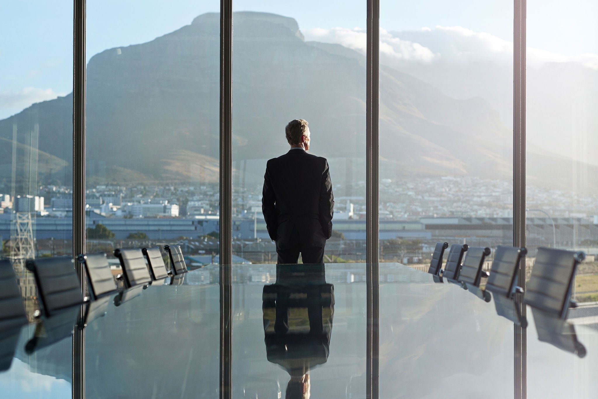 ey businessman viewing mtn from inside