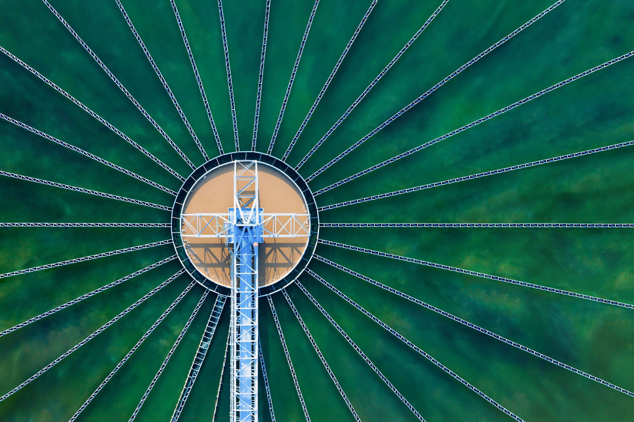 Aerial top view of Drinking Water Treatment plants. Microbiology of drinking water production and distribution for big city from water management, water recycling.