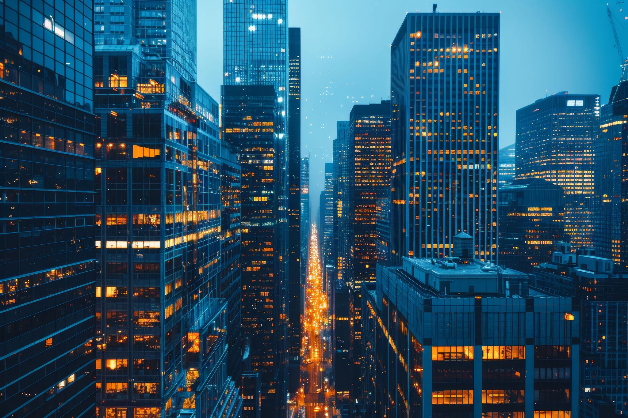 A stunning evening view of an urban cityscape with illuminated skyscrapers and busy streets