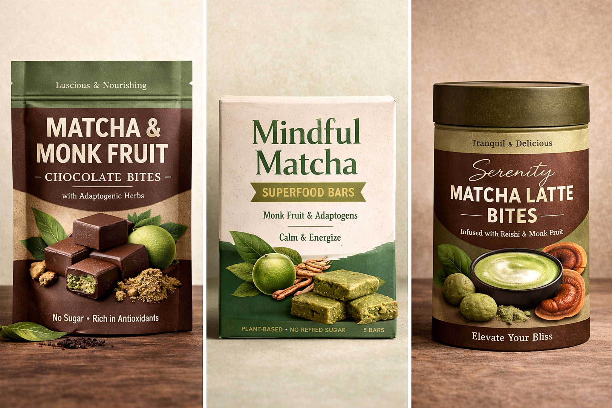 Assorted matcha snack packages including chocolate bites, bars, and matcha latte bites.