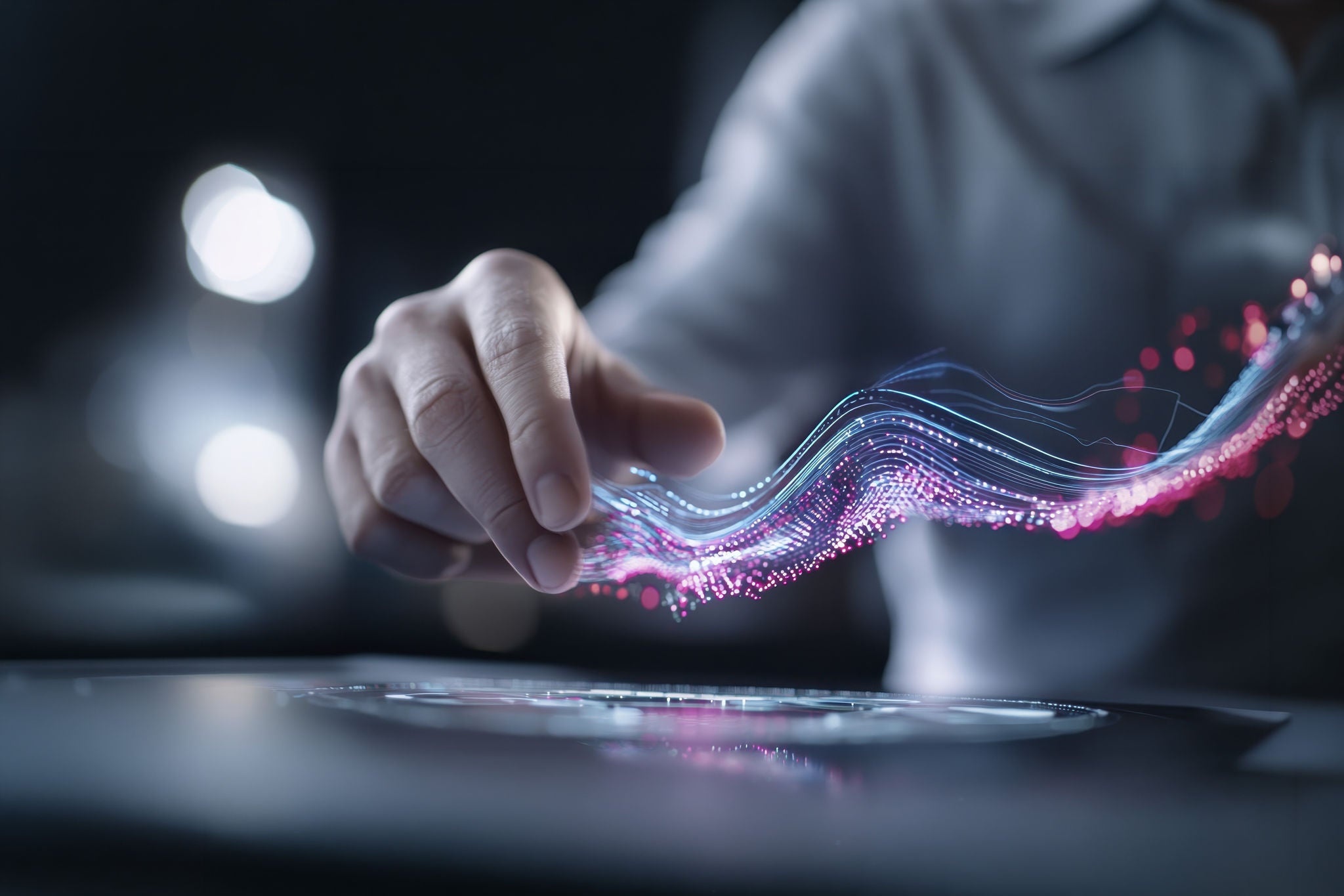 Businessman engaged with digital technology, interacting with vibrant data visualization. scene conveys innovation