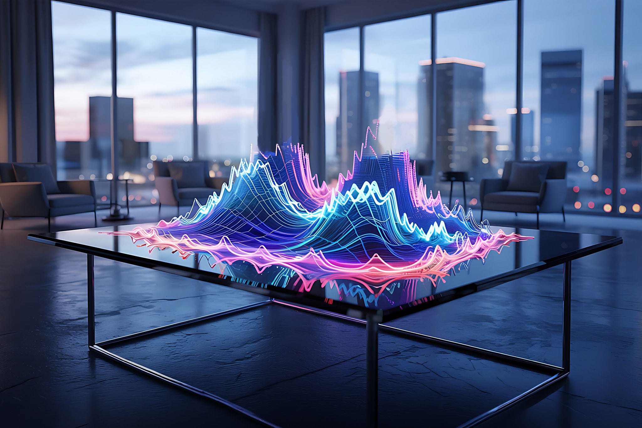 3D graph on modern office table with cityscape visible through large windows.