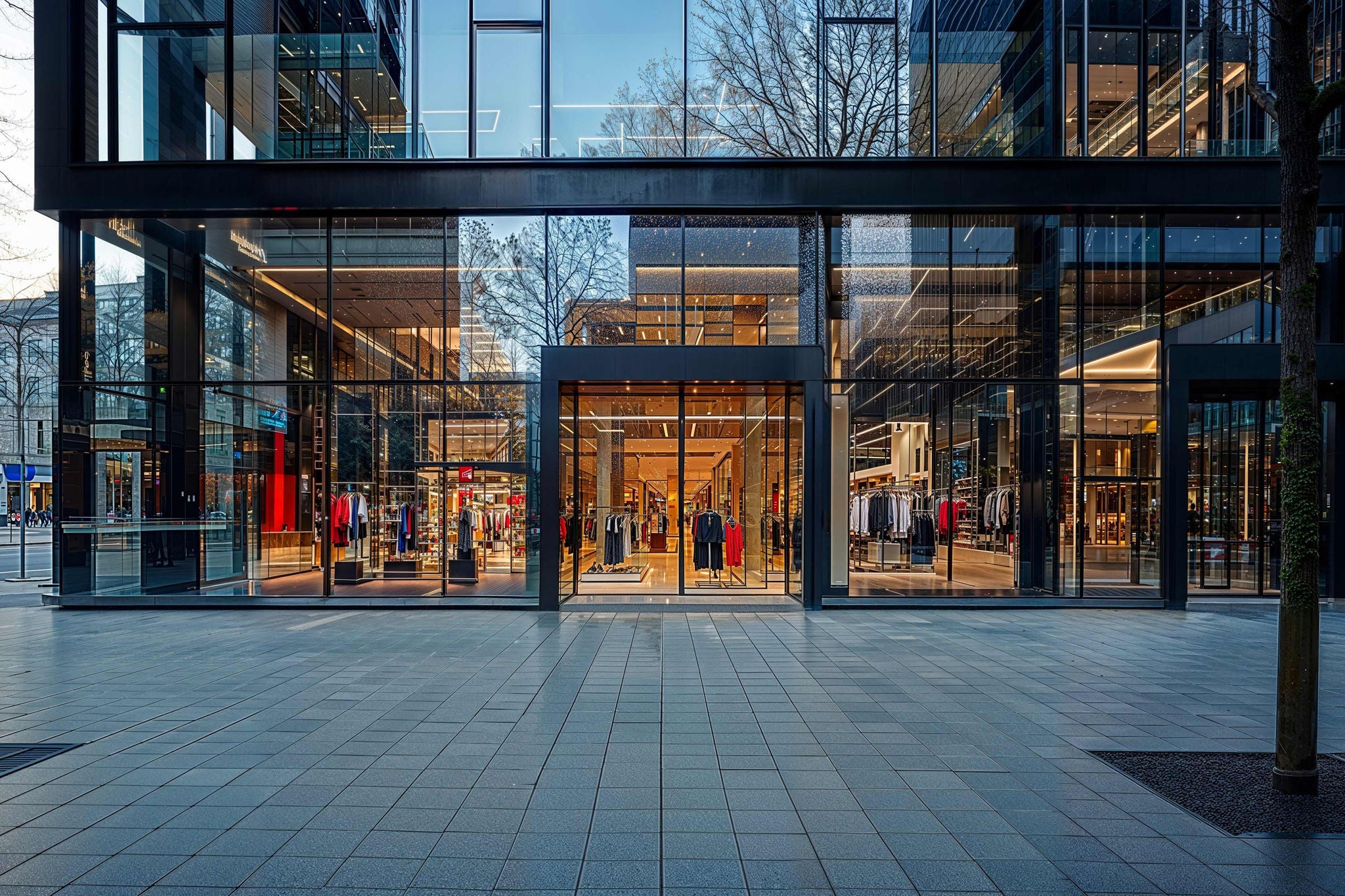 Zeitgemäßes Modegeschäft mit transparenter Glasfront und beleuchtetem Innenraum.