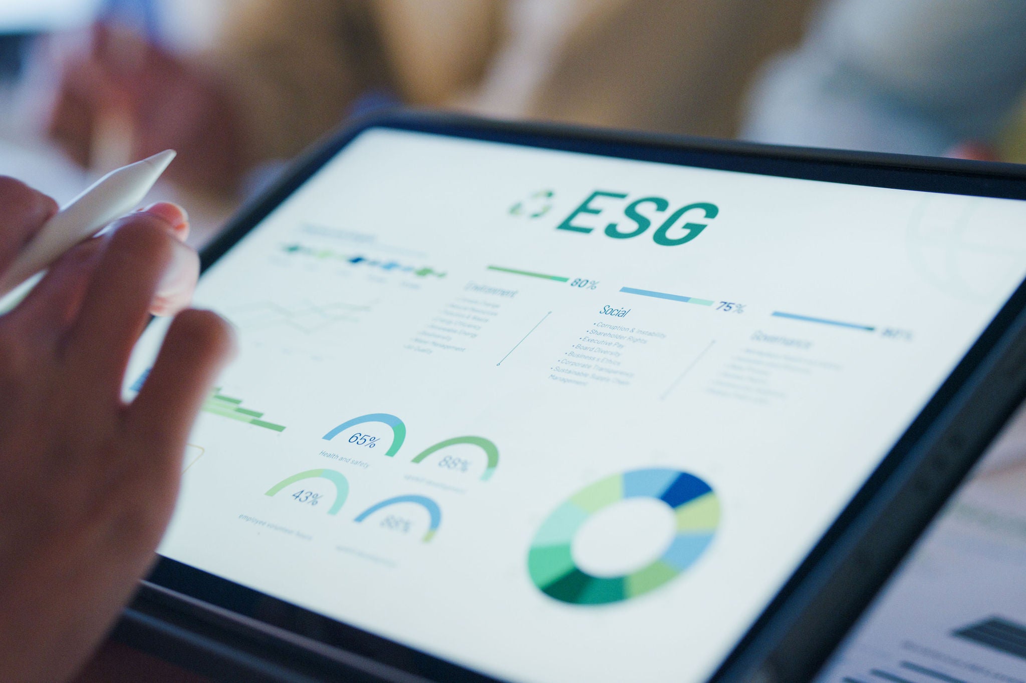 Closeup group businesspeople talk ESG strategies risk management workshop night, SDGs, global warming, green finance and investment and net zero waste lifestyle in boardroom training building.