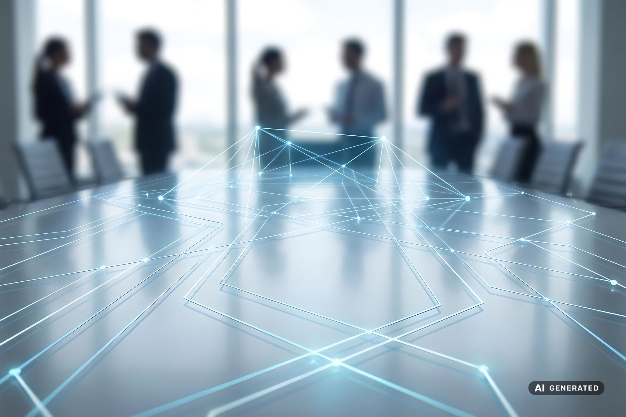 Digitale Netzwerkstruktur auf einem Konferenztisch vor einer modernen Besprechungsumgebung.