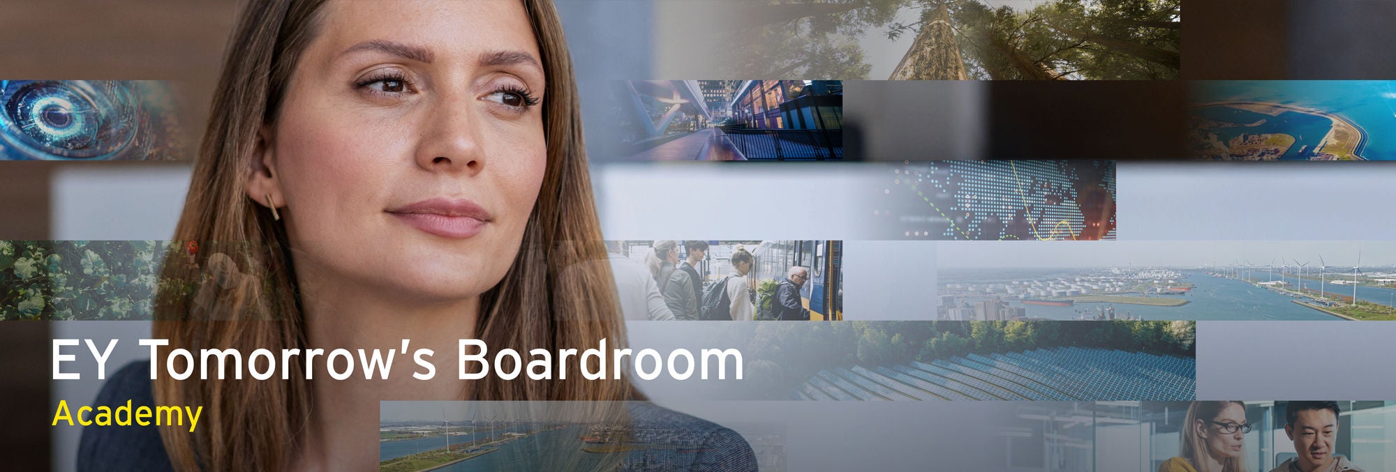 Banner image for EY Tomorrow’s Boardroom Academy featuring a collage of business