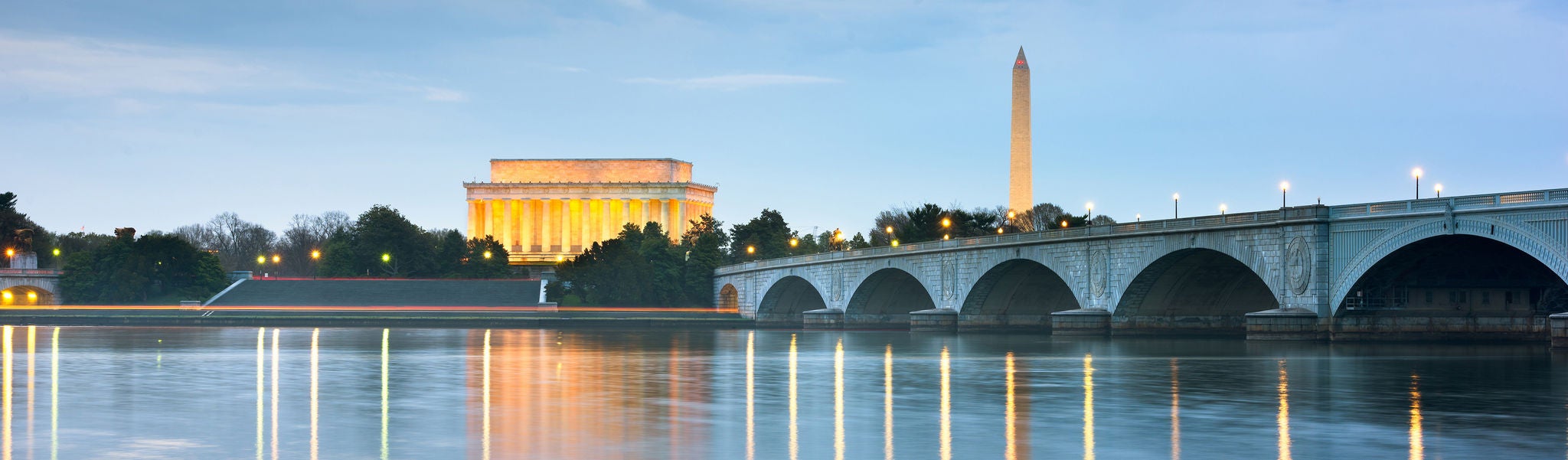 Washington DC, USA skyline on the Potomac River at night.
