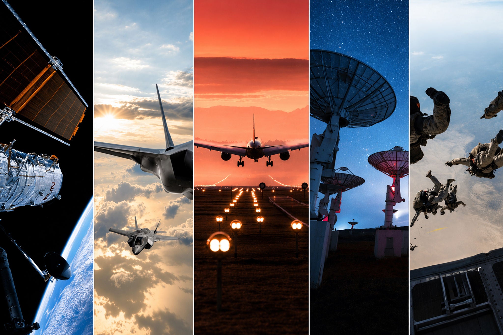 Collage aus Raumfahrt, Militärluftfahrt, Zivilluftfahrt und Kommunikation.